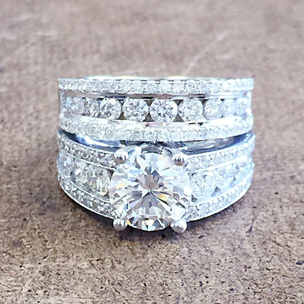 🔥Bague Eternity Full CZ Diamonds Silver Plated Couple Chunky Ring Set,UNVN12286 - Picture 2 of 9